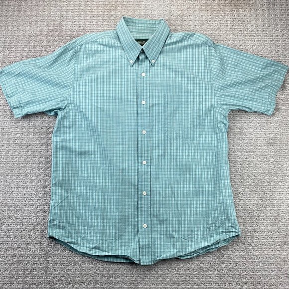 Eddie Bauer Shirt Men Large Teal Plaid Relaxed Fit Casual Button Up Short Sleeve - Picture 1 of 7